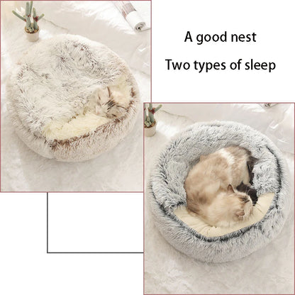 Plush Hooded Pet Bed round Fluffy Soft Cat Bed Pet Cushion Warm Cat Dog 2 in 1 Sleeping Nest Cave for Small Dogs