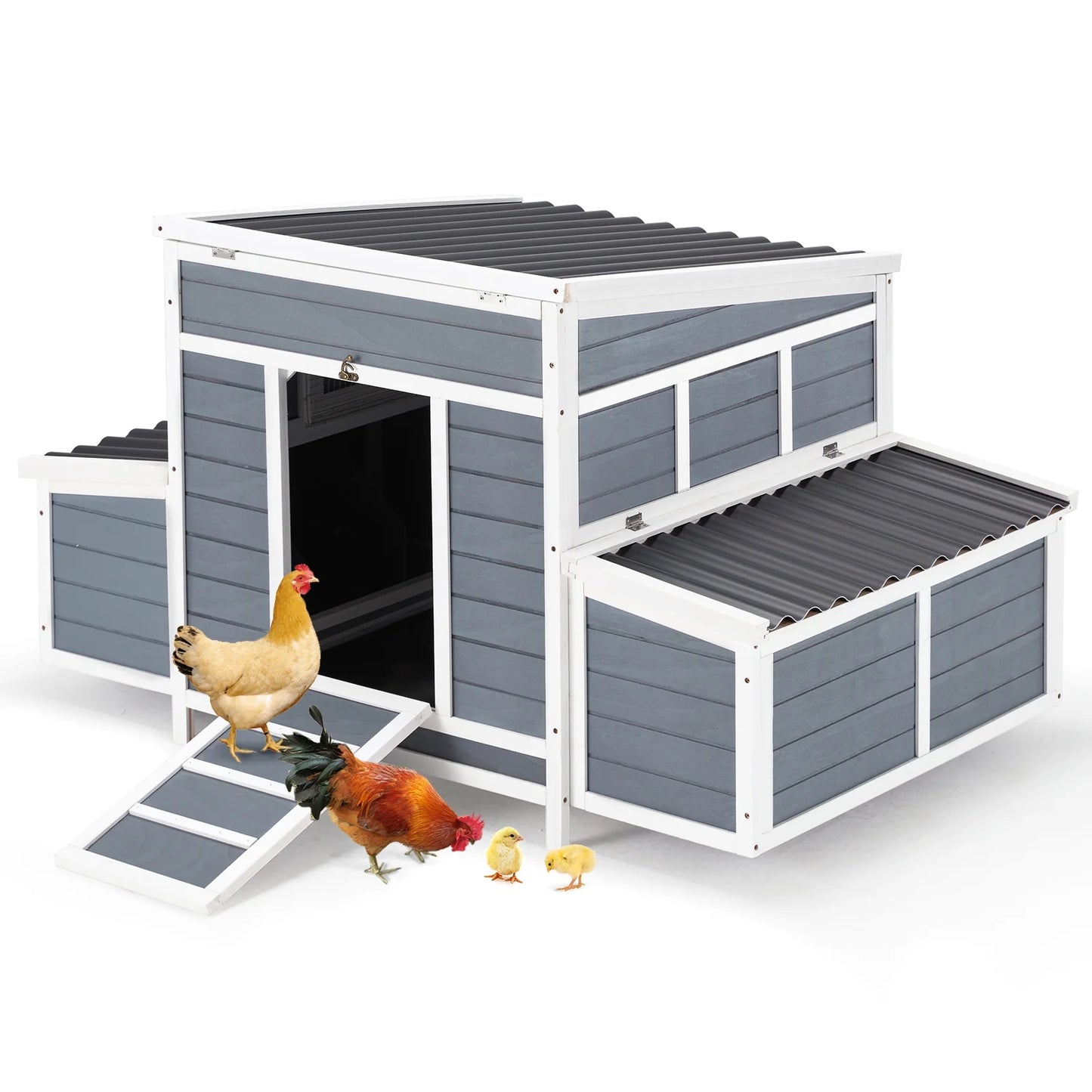 Chicken Coop 56" Large Wooden Chicken Hutch with 6 Nesting Boxes Outdoor Hen House Chicken Cage W/Ramps, Removable Tray for Easy Cleaning