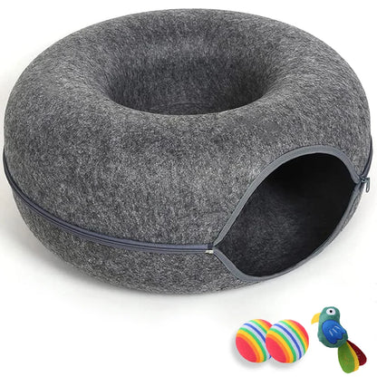 Large Cat Cave with 3 Toys Scratch Resistant Tunnel Bed up to 30 Lbs Dark Grey (24X24X11)